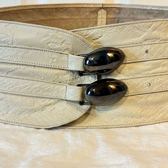 Wide Cream Leather Corset Belt with Oval Gun Metal Buckles Off White Waist Belt
